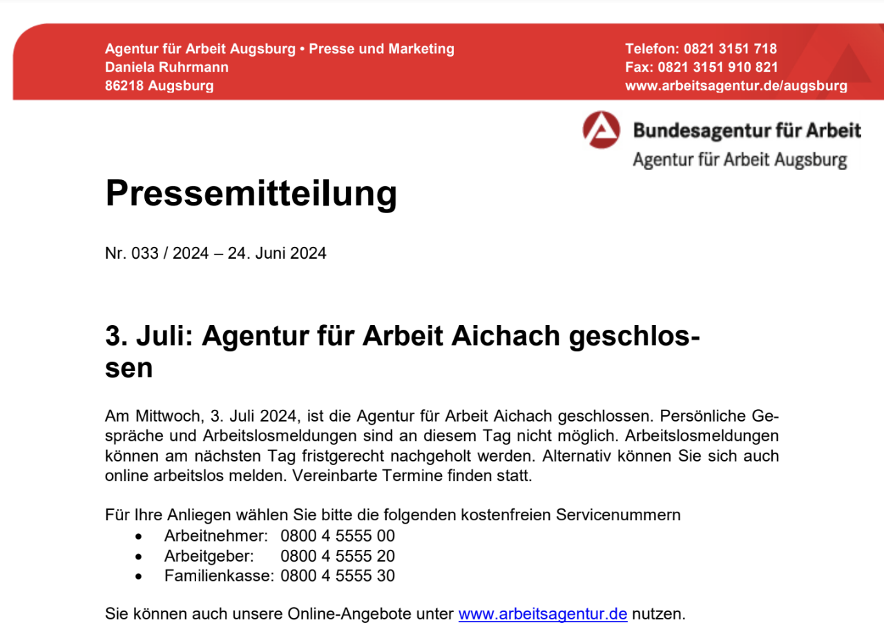 Pressemitteilung der Agentur für Arbeit Augsburg: Am 3. Juli ist die Agentur für Arbeit Aichach geschlossen