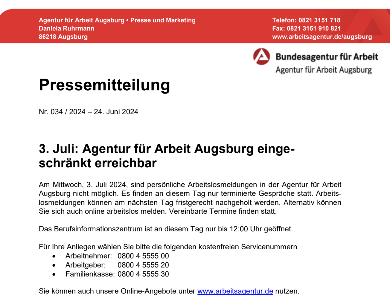 Pressemitteilung der Agentur für Arbeit Augsburg: Am 3. Juli ist die Agentur für Arbeit Augsburg eingeschränkt erreichbar