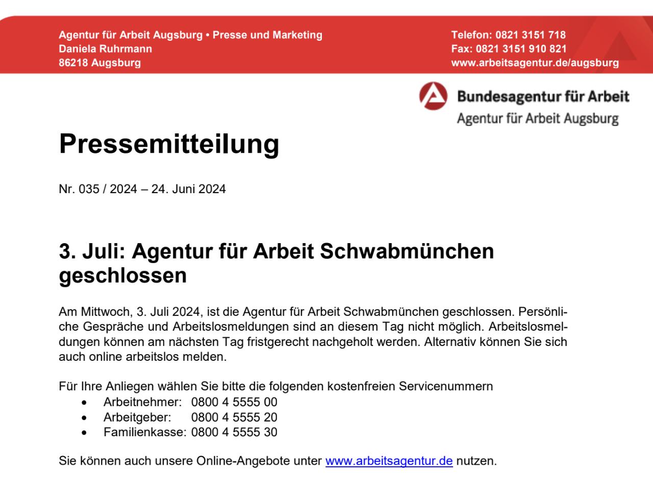 Pressemitteilung der Agentur für Arbeit Augsburg: Am 3. Juli ist die Agentur für Arbeit Schwabmünchen geschlossen