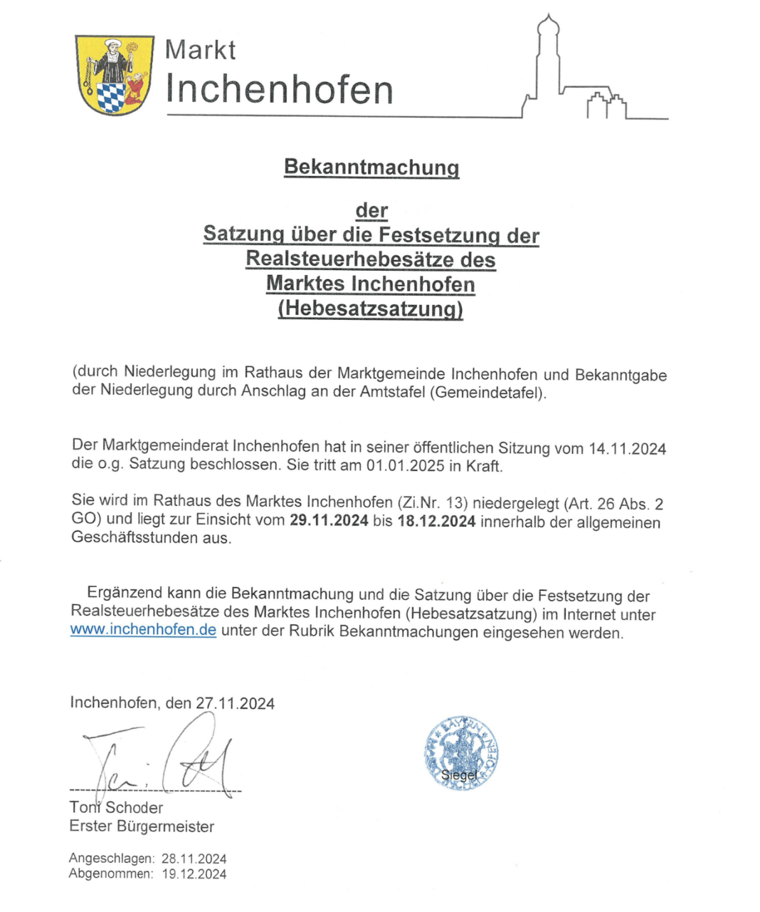Bekanntmachung des Marktes Inchenhofen: Satzung über die Festsetzung der Realsteuerhebesätze (Hebesatzsatzung)