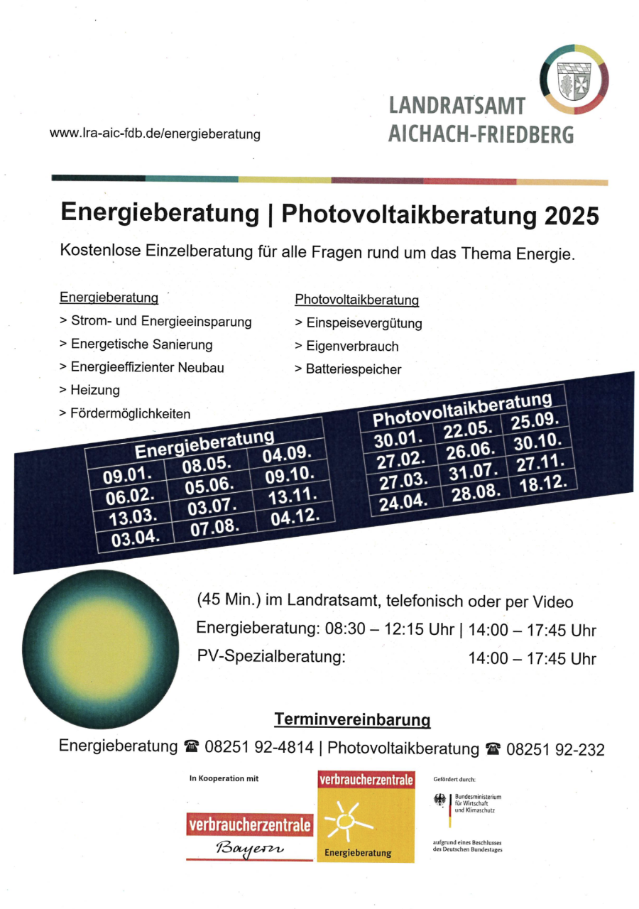 Energieberatung und Photovoltaikberatung 2025 im Landratsamt Aichach-Friedberg mit Terminen