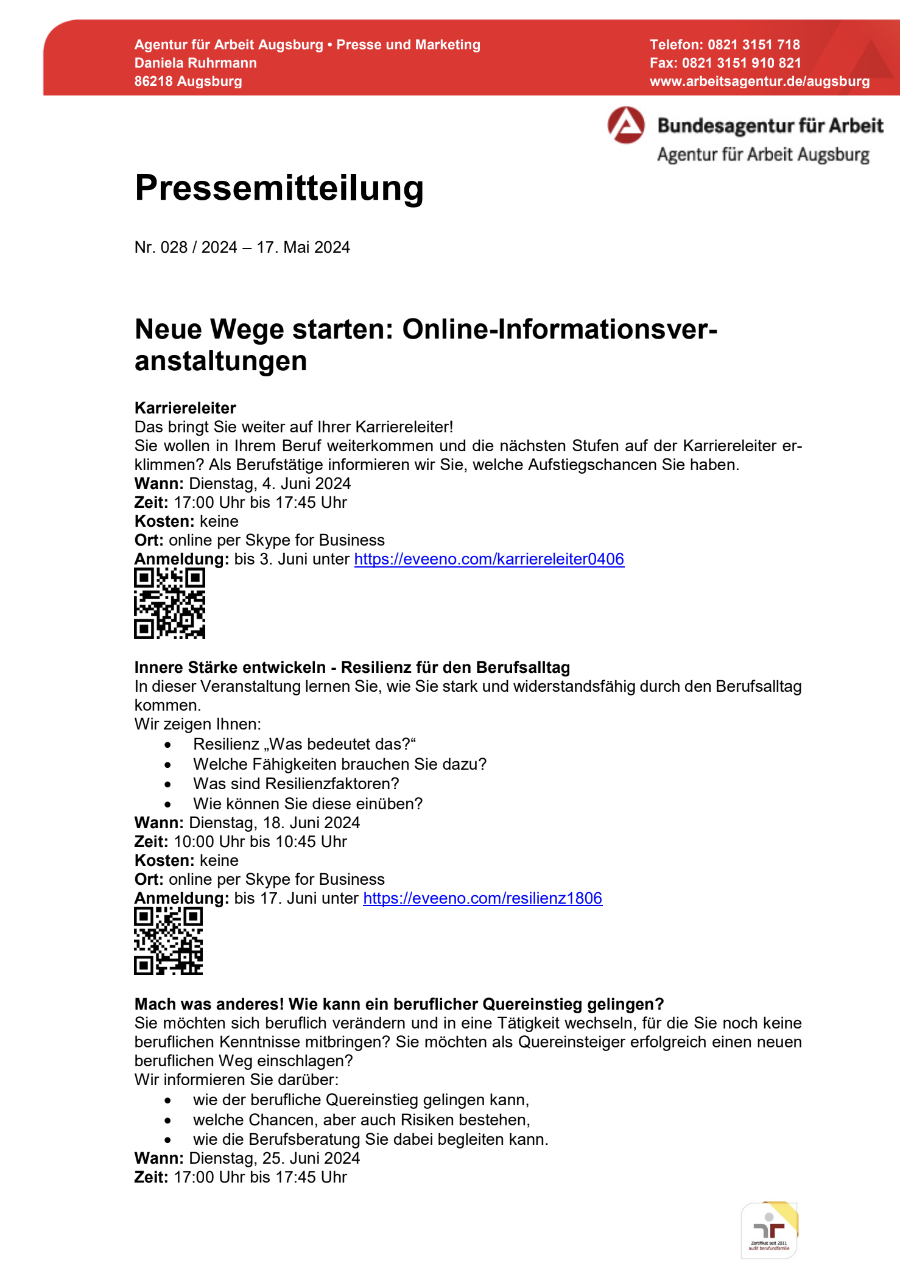 Pressemitteilung der Agentur für Arbeit Augsburg: Neue Wege starten, Online-Informationsveranstaltungen