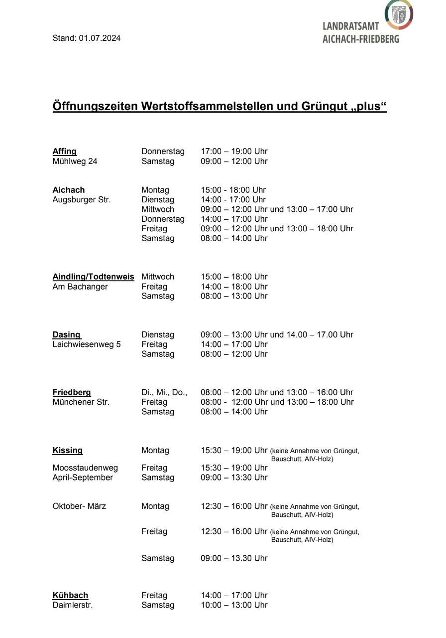 Öffnungszeiten der Wertstoffsammelstellen und Grüngut plus im Landkreis Aichach-Friedberg, Stand 01.07.2024
