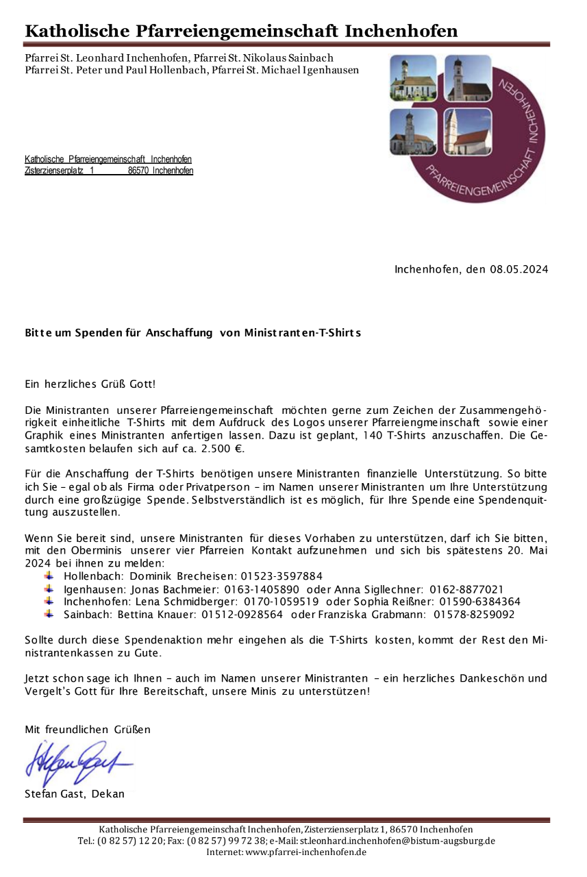 Schreiben der Katholischen Pfarreiengemeinschaft Inchenhofen: Bitte um Spenden für Ministranten-T-Shirts